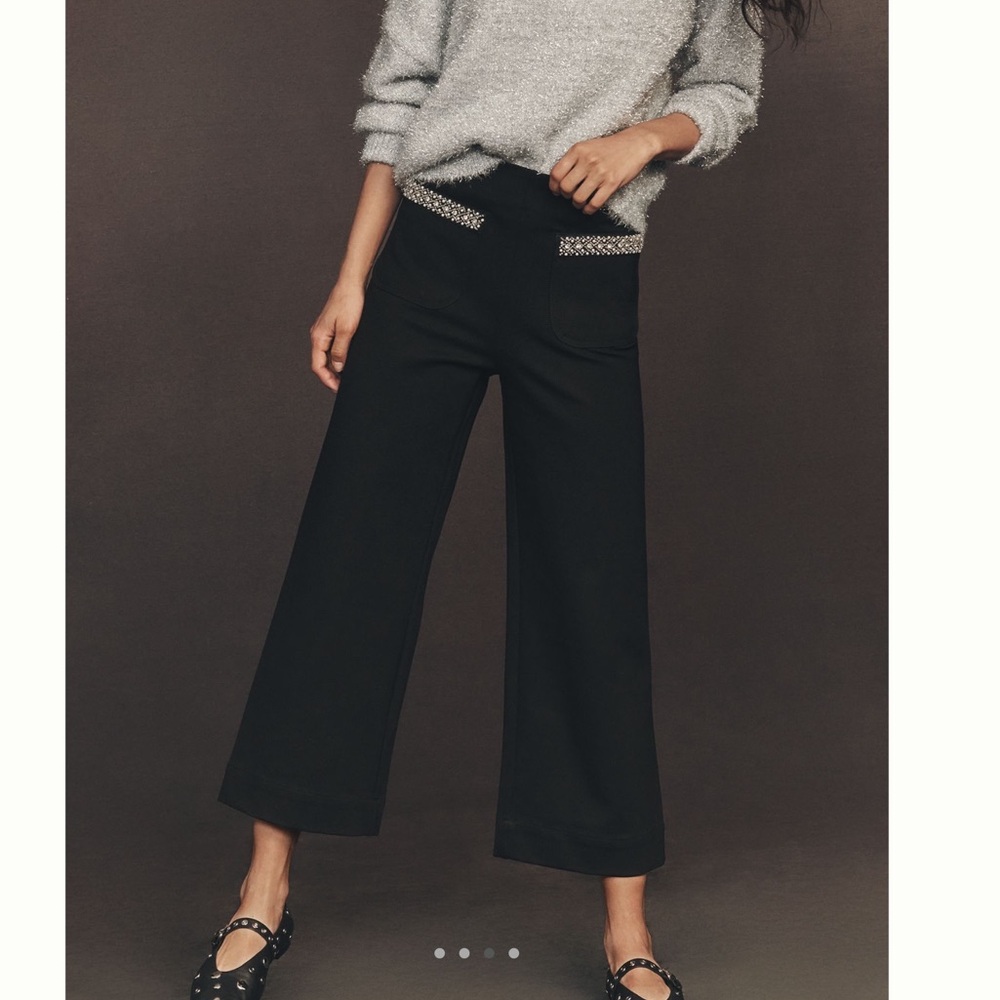 Anthropologie Colette Pants Maeve Cropped Wide Leg Rhinestone New 33 Black